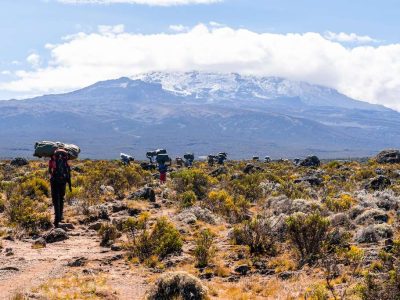 The hikers climbing Mount Kilimanjaro in Tanzania