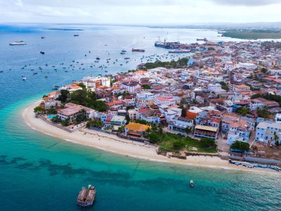 Aerial view of the tropical island of Zanzibar, featuring a serene bay